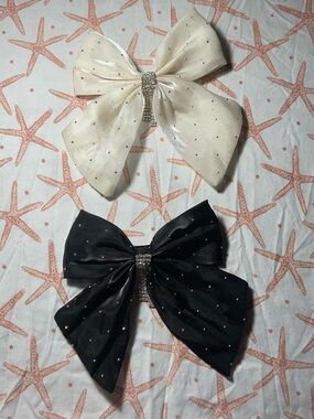 Sparkle Bow Hair Clips with Rhinestone Tassels — Black & White Rhinestone Accent